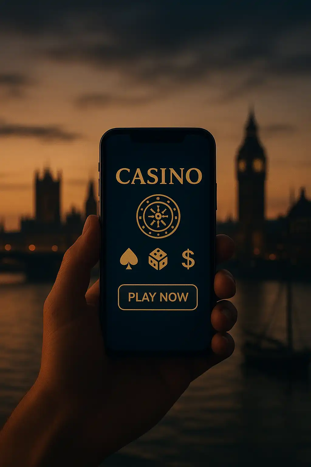 Hand holding a phone showing the TweedBet mobile app with the London skyline behind