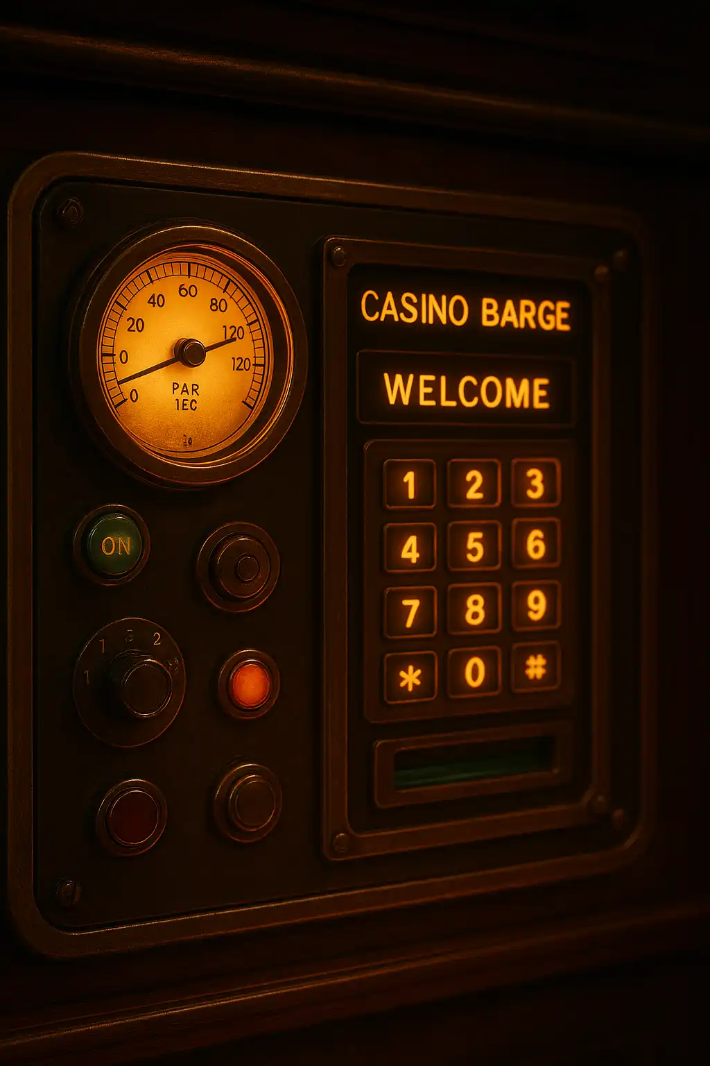 Brass control panel styled banking terminal aboard the barge