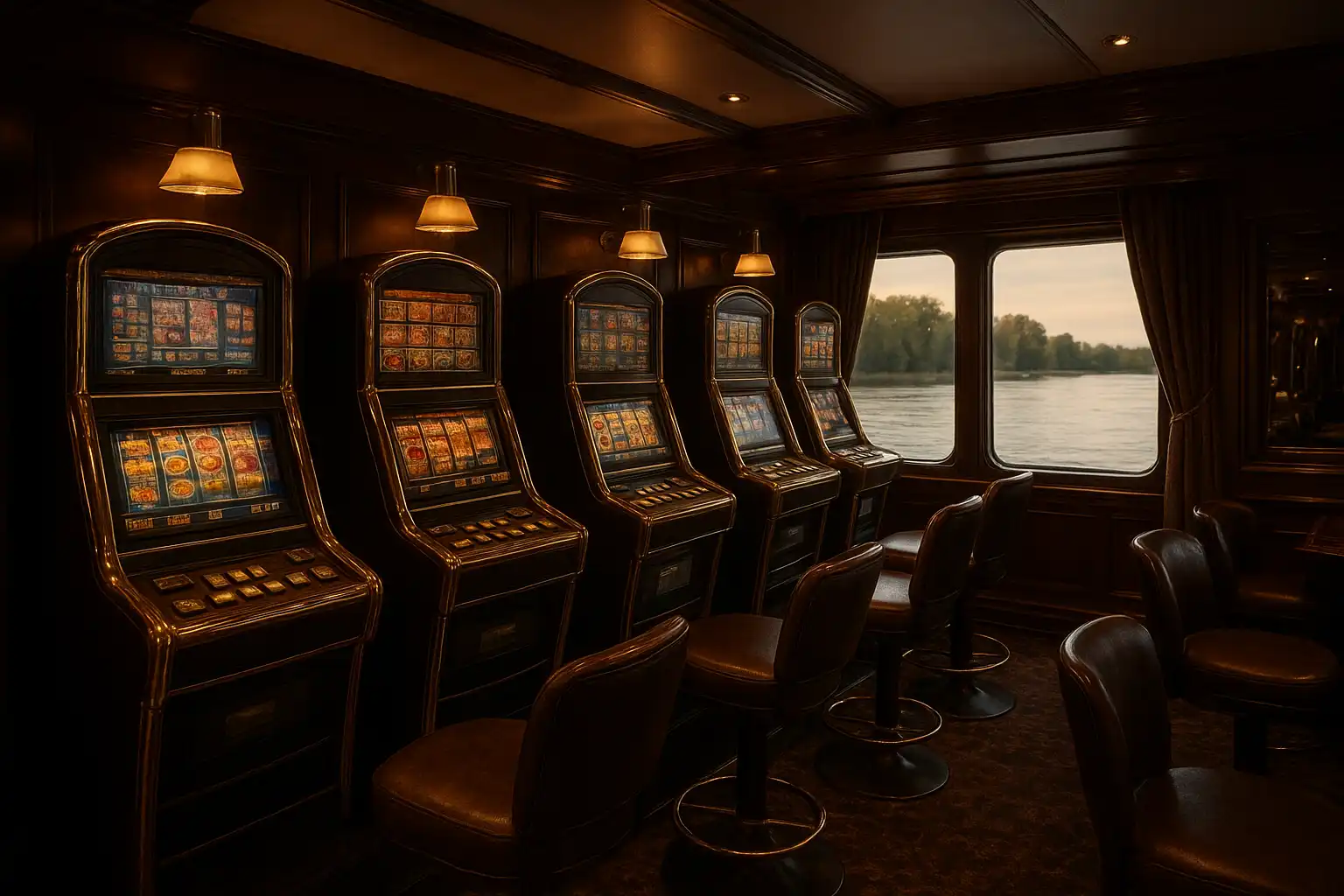 Barge lounge slot machines with brass trim and river view at dusk