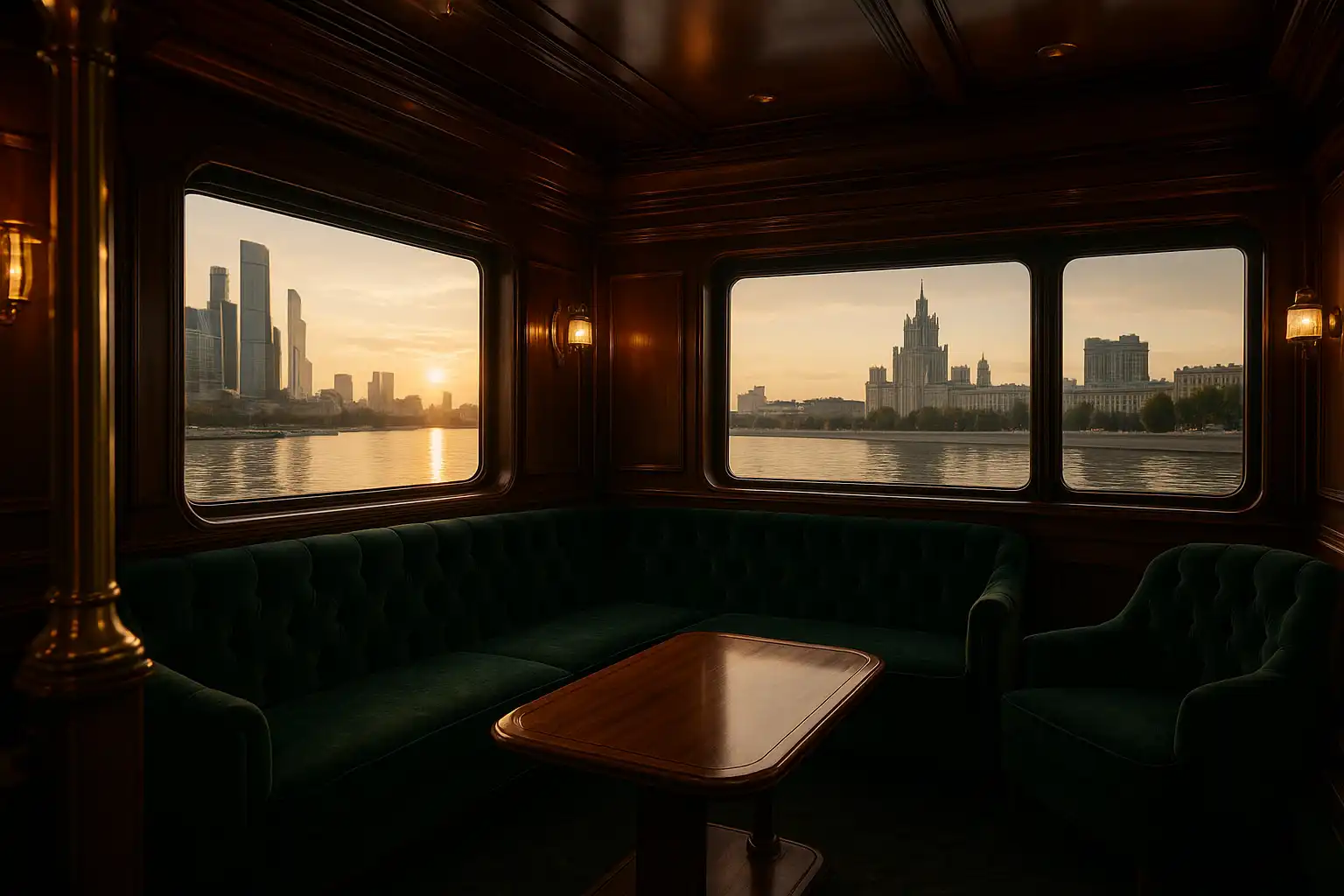 Private VIP saloon aboard the barge with brass fittings and skyline view
